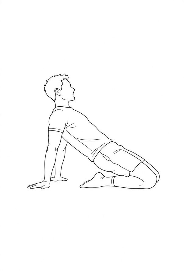 Posture plate: Kneeling Low Bridge. Instructional line-art side view in athletic clothing. Female figure shown alone.