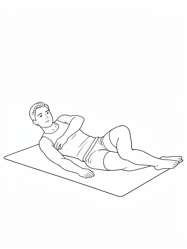 Exercise diagram: Thoracic Open Book. Single-figure line-art side view showing the working position and any equipment used.