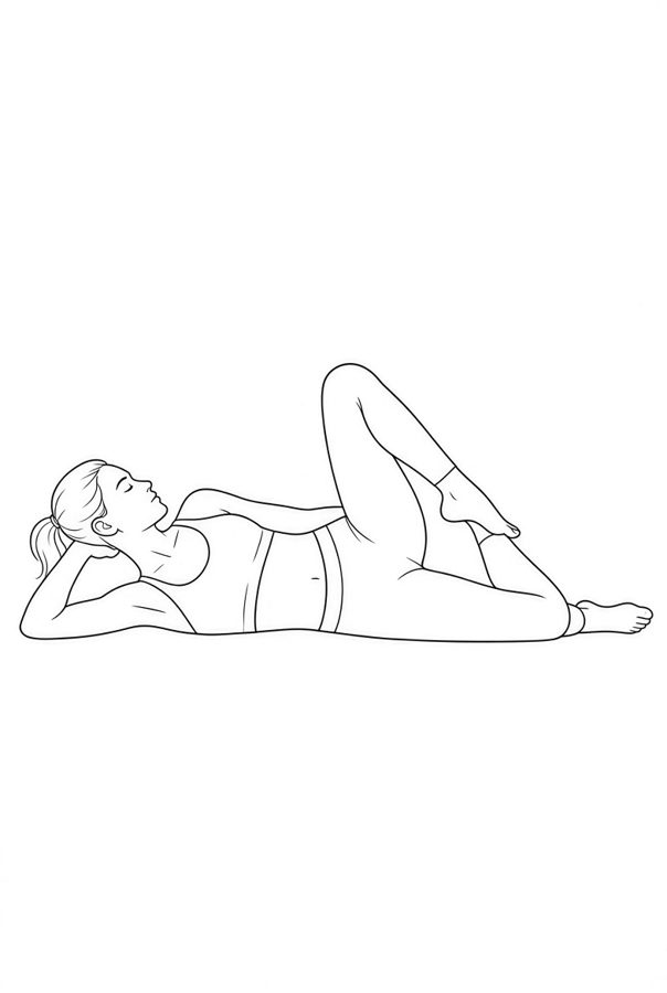 Posture plate: Side-Lying Knee Draw. Instructional line-art side view in athletic clothing. Female figure shown alone.