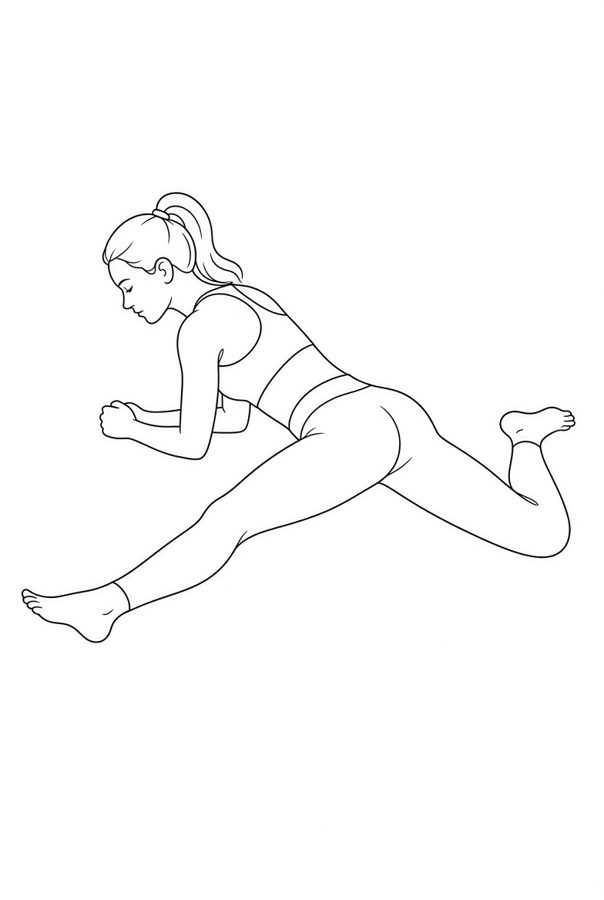 Posture plate: Prone Hips Elevated. Instructional line-art side view in athletic clothing. Female figure shown alone.