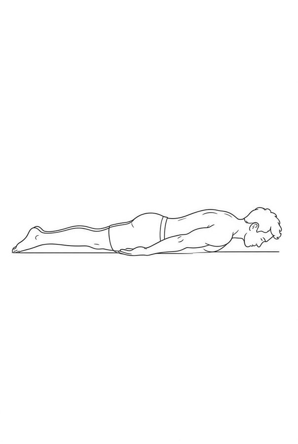 Posture plate: Prone Legs Together. Instructional line-art side view in athletic clothing. Female figure shown alone.