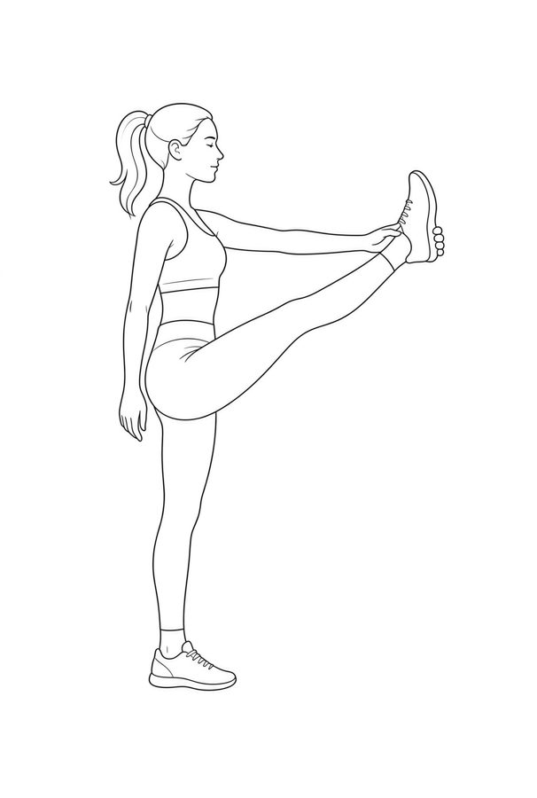Posture plate: Standing Single Leg Raised. Instructional line-art side view in athletic clothing. Female figure shown alone.