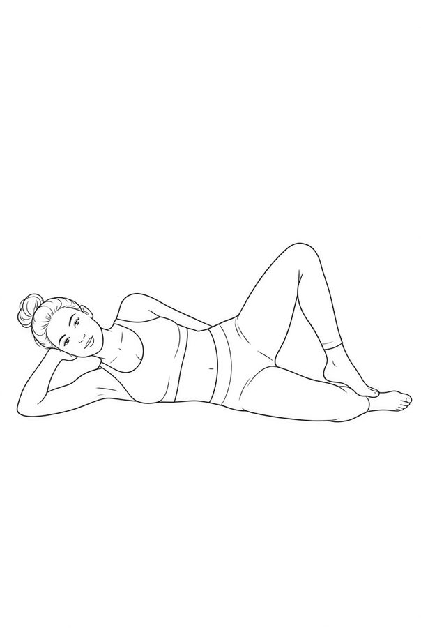 Posture plate: Side-Lying Pillow Wedge. Instructional line-art side view in athletic clothing. Female figure shown alone.