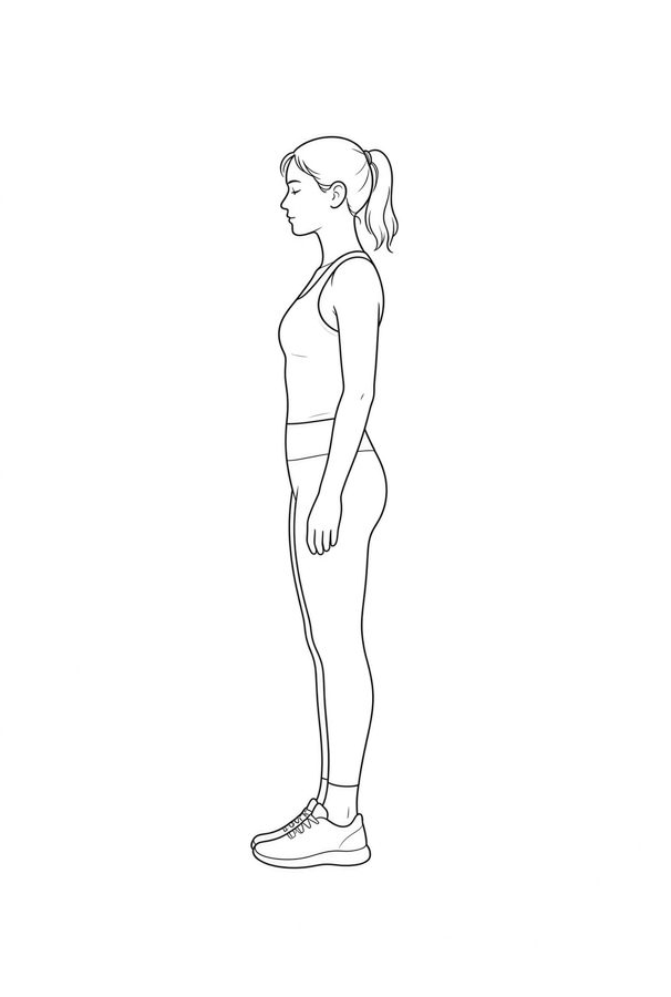 Posture plate: Standing Neutral. Instructional line-art side view in athletic clothing. Female figure shown alone.