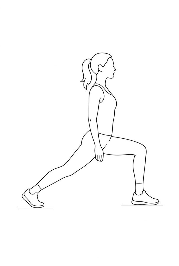 Posture plate: Standing Staggered Lunge. Instructional line-art side view in athletic clothing. Female figure shown alone.