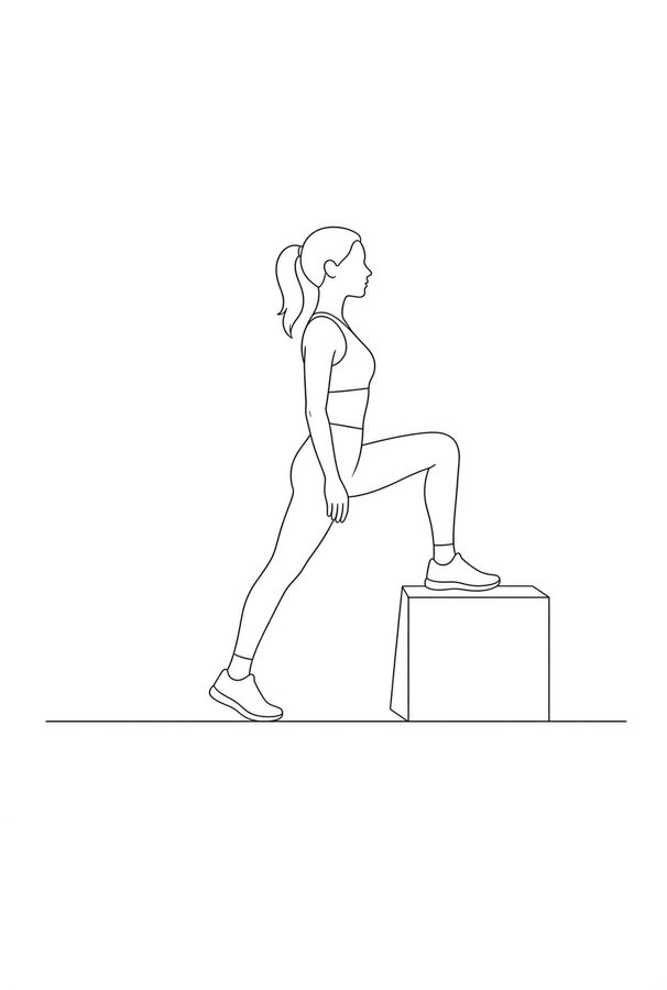 Posture plate: Astride Elevated Foot. Instructional line-art side view in athletic clothing. Female figure shown alone.