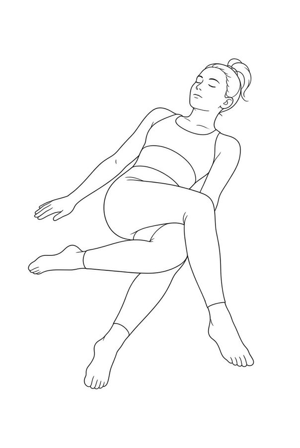 Posture plate: Supine Half Twist. Instructional line-art side view in athletic clothing. Female figure shown alone.