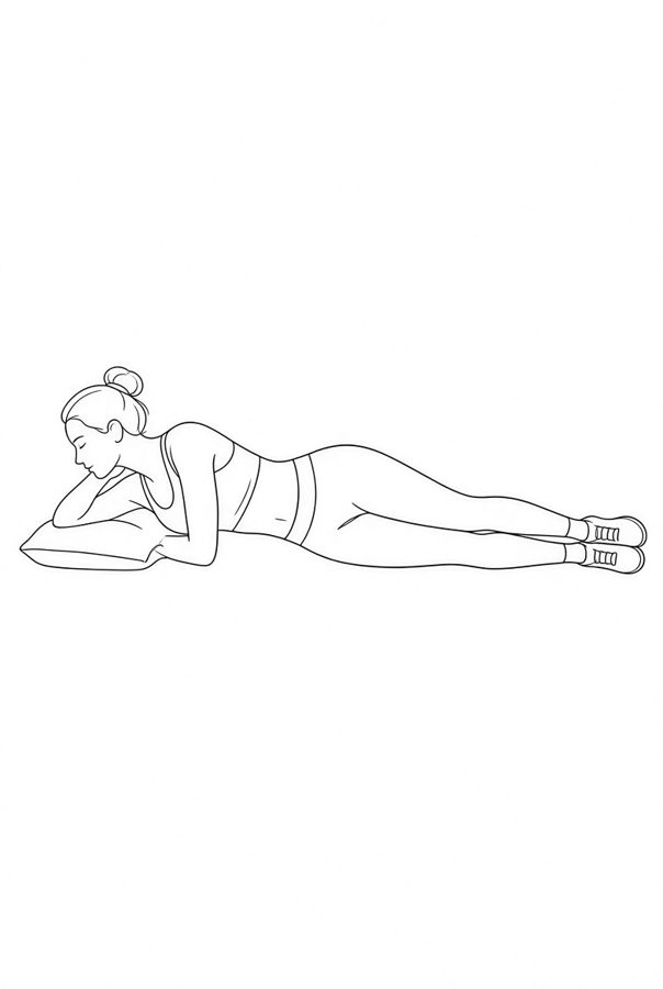 Posture plate: Side-Lying Nested. Instructional line-art side view in athletic clothing. Female figure shown alone.