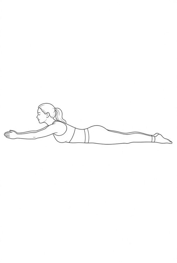 Posture plate: Prone Split. Instructional line-art side view in athletic clothing. Female figure shown alone.