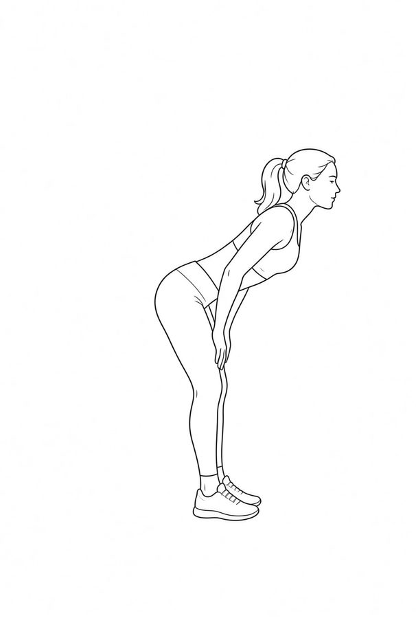 Posture plate: Standing Forward Hinge. Instructional line-art side view in athletic clothing. Female figure shown alone.