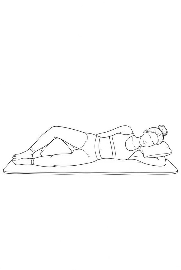 Posture plate: Side-Lying Facing. Instructional line-art side view in athletic clothing. Female figure shown alone.