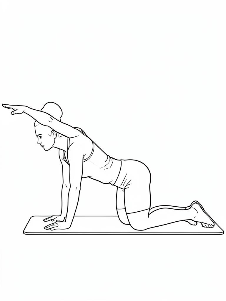 Exercise diagram: Bird Dog. Single-figure line-art side view showing the working position and any equipment used.