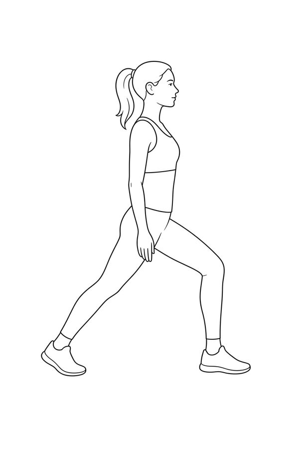 Posture plate: Standing Wide Stance. Instructional line-art side view in athletic clothing. Female figure shown alone.