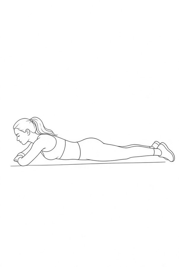 Posture plate: Prone Deep Flexion. Instructional line-art side view in athletic clothing. Female figure shown alone.