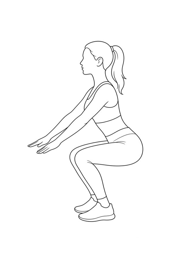 Posture plate: Standing Deep Squat. Instructional line-art side view in athletic clothing. Female figure shown alone.