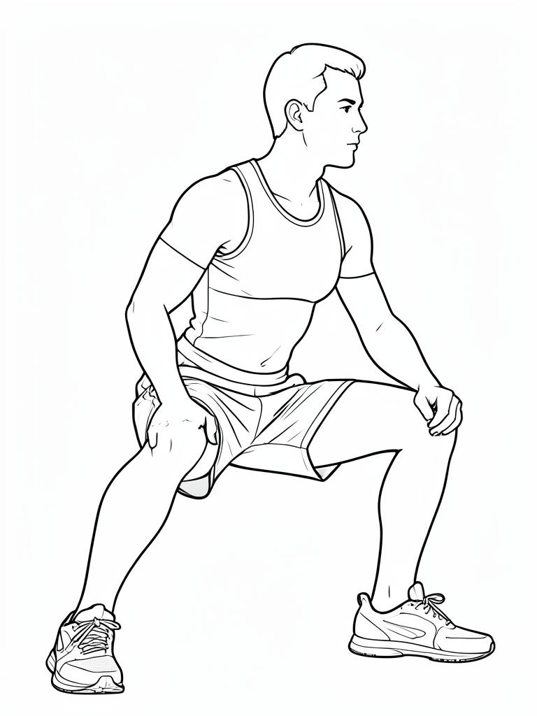 Exercise diagram: Cossack Squat. Single-figure line-art side view showing the working position and any equipment used.