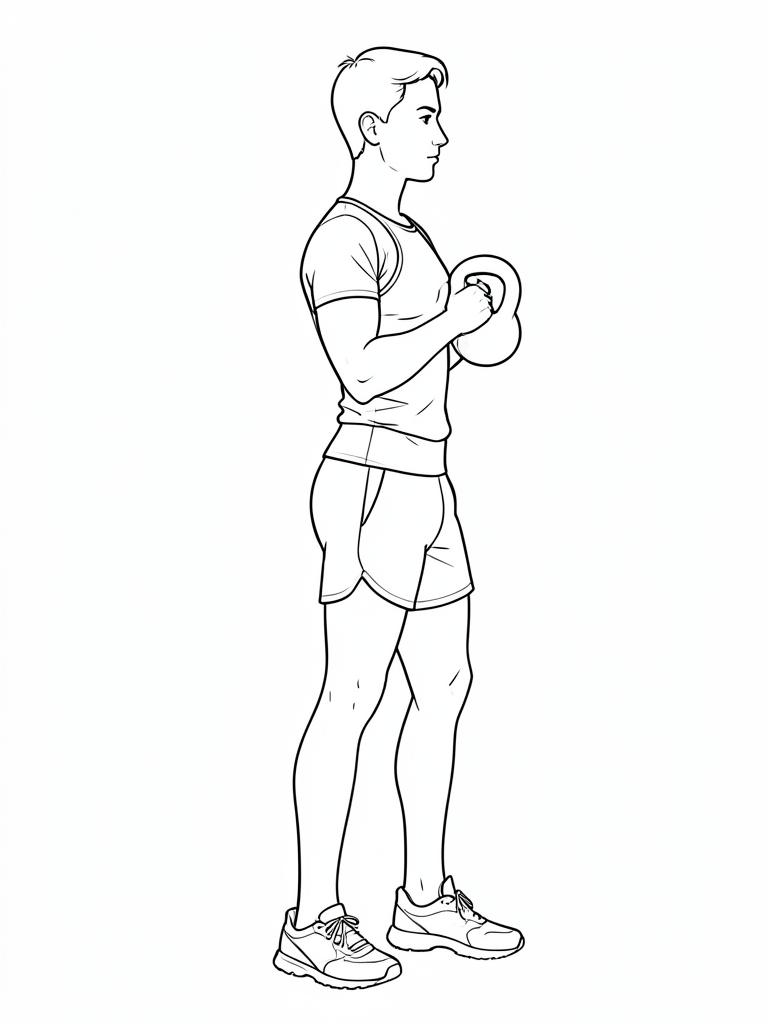 Exercise diagram: Kettlebell Swing. Single-figure line-art side view showing the working position and any equipment used.