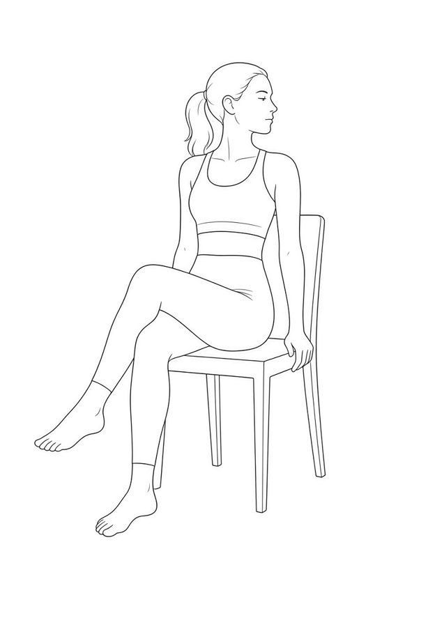Posture plate: Seated Lean-Back Support. Instructional line-art side view in athletic clothing. Female figure shown alone.