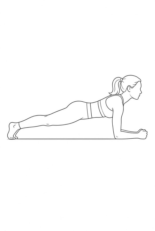 Posture plate: Prone Extended Reach. Instructional line-art side view in athletic clothing. Female figure shown alone.