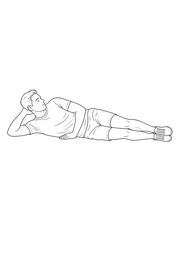 Posture plate: Side-Lying Extended. Instructional line-art side view in athletic clothing. Female figure shown alone.