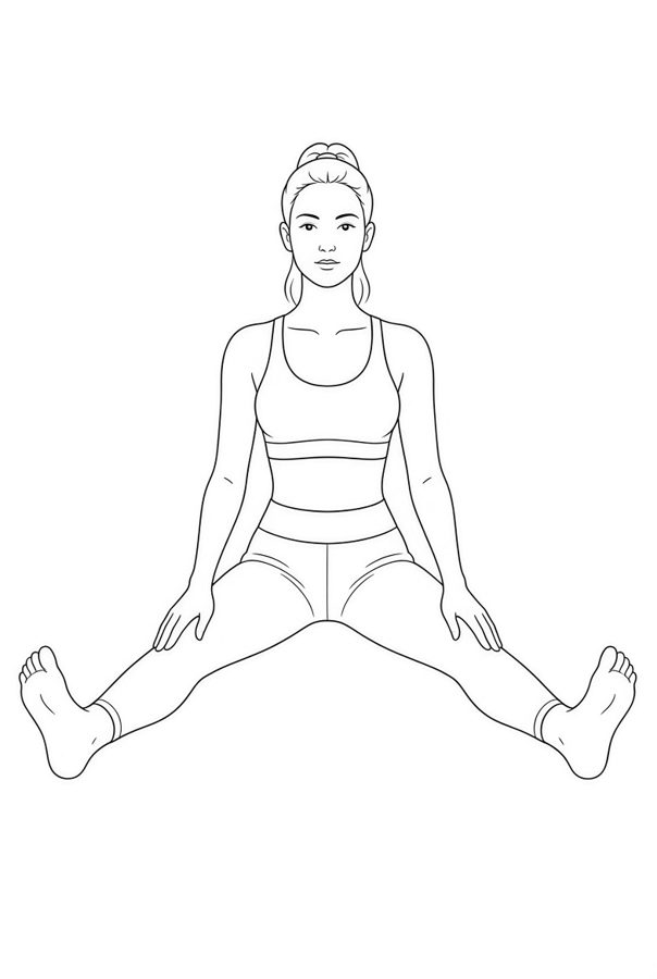 Posture plate: Seated Chair Straddle. Instructional line-art side view in athletic clothing. Female figure shown alone.