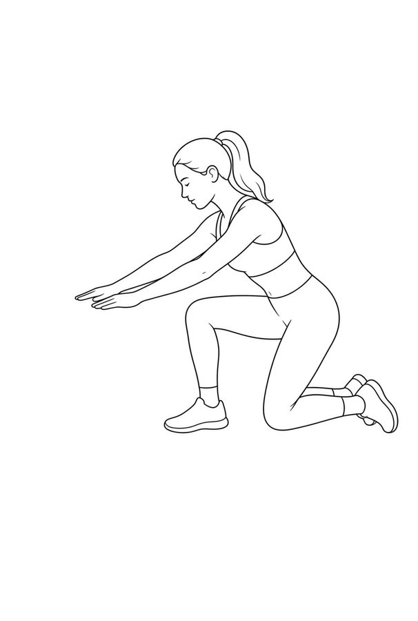 Posture plate: Kneeling Lift to Stand. Instructional line-art side view in athletic clothing. Female figure shown alone.