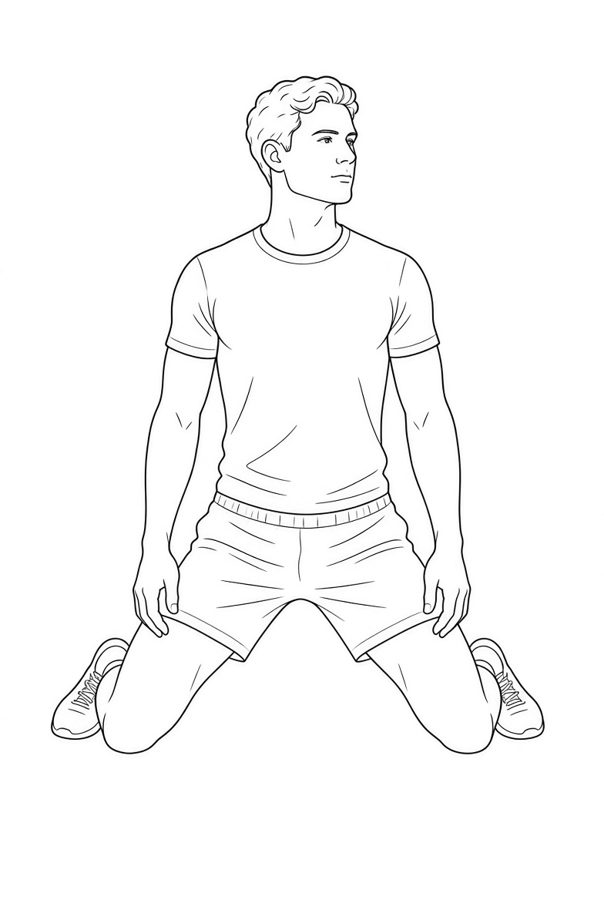 Posture plate: Astride Kneeling Base. Instructional line-art side view in athletic clothing. Female figure shown alone.