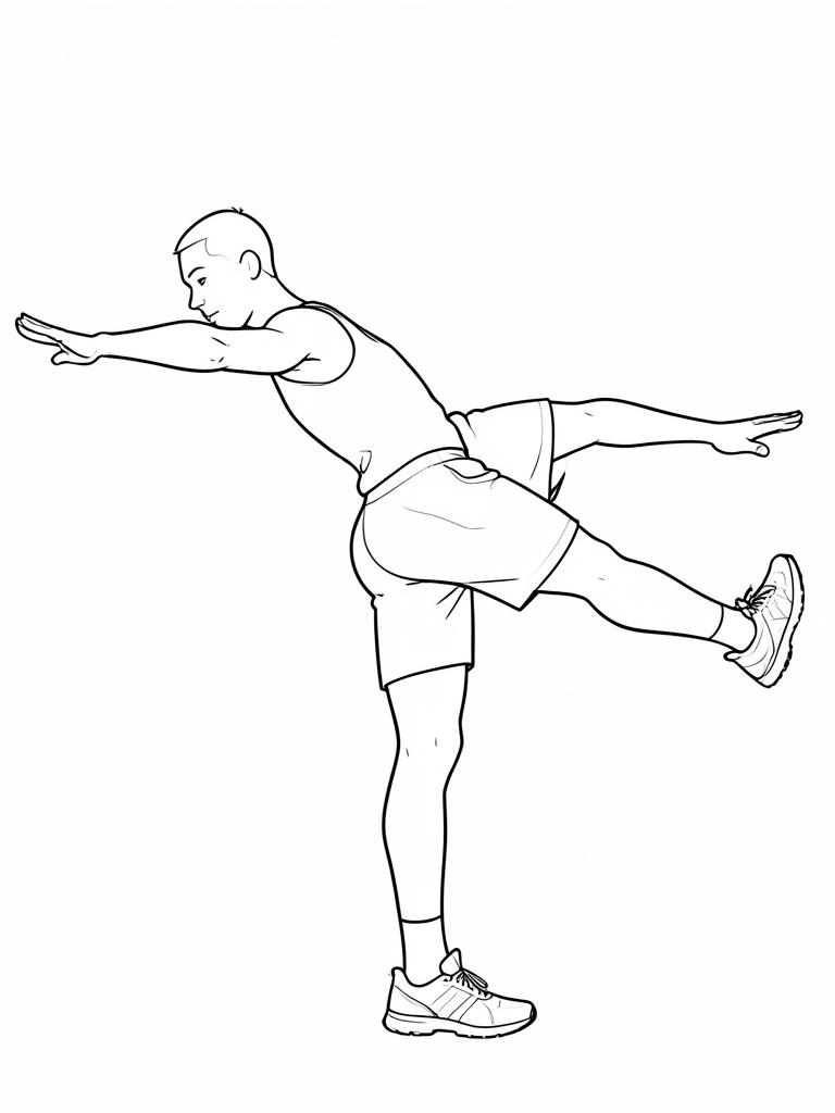 Exercise diagram: Hip Airplane. Single-figure line-art side view showing the working position and any equipment used.