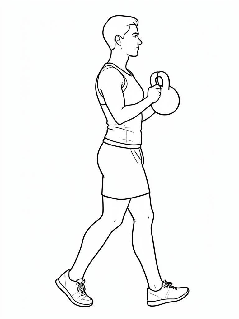 Exercise diagram: Front-Rack Carry. Single-figure line-art side view showing the working position and any equipment used.