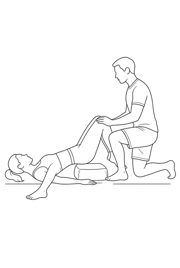 Posture plate: Supine Hips Elevated. Instructional line-art side view in athletic clothing. Both figures shown in the position.