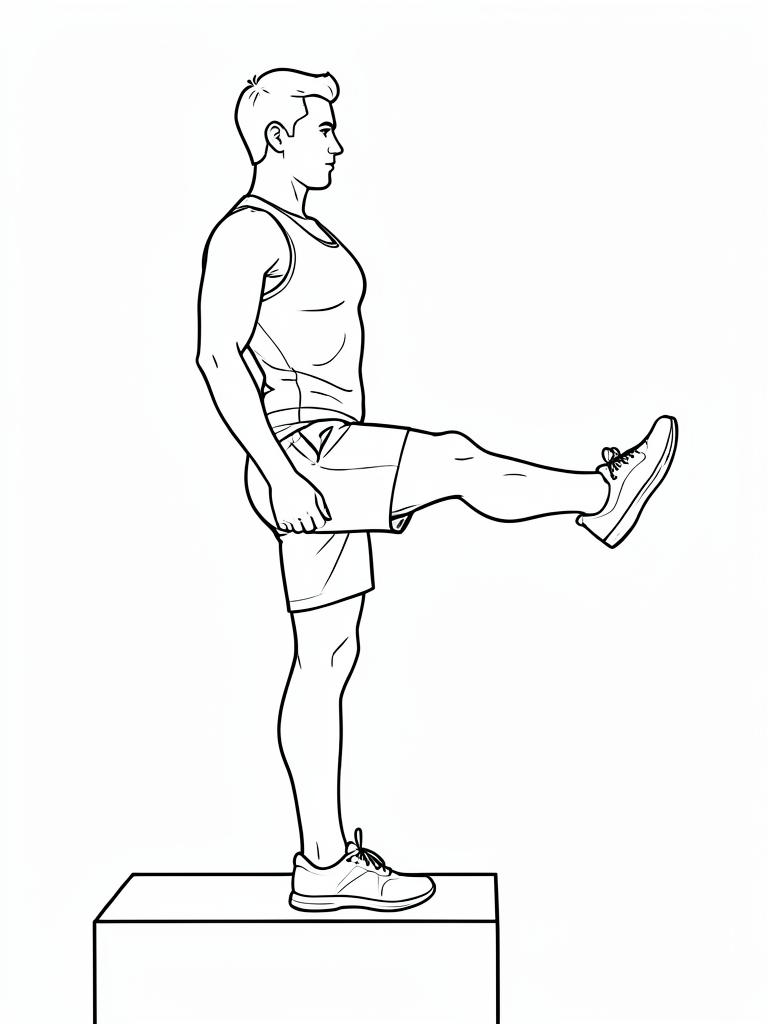 Exercise diagram: Standing Calf Raise. Single-figure line-art side view showing the working position and any equipment used.