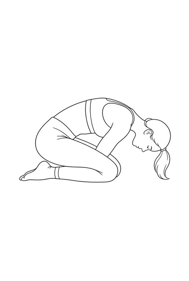 Posture plate: Kneeling Forward Fold. Instructional line-art side view in athletic clothing. Female figure shown alone.
