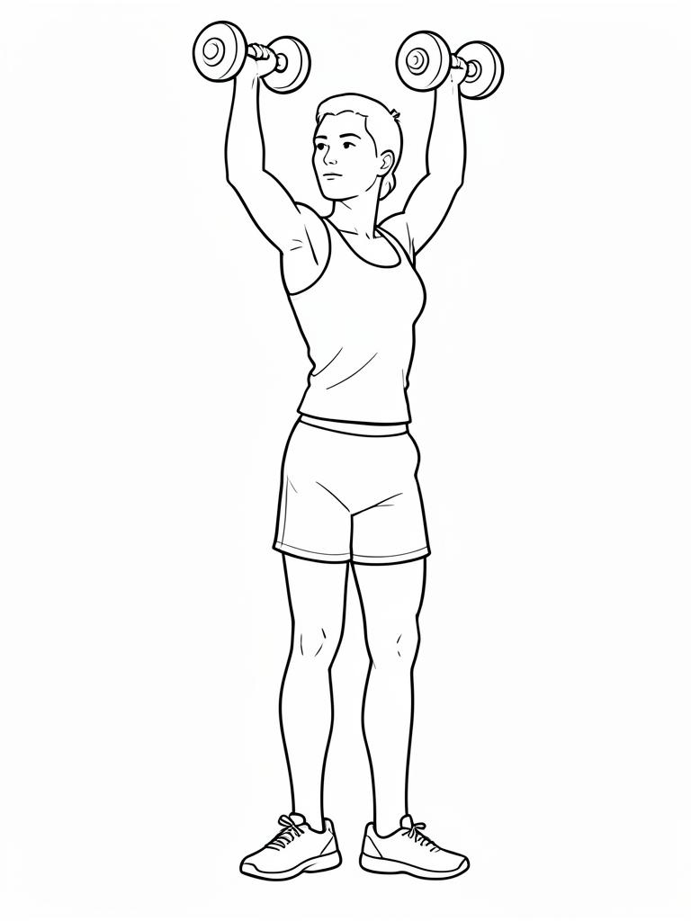 Exercise diagram: Standing Overhead Press. Single-figure line-art side view showing the working position and any equipment used.