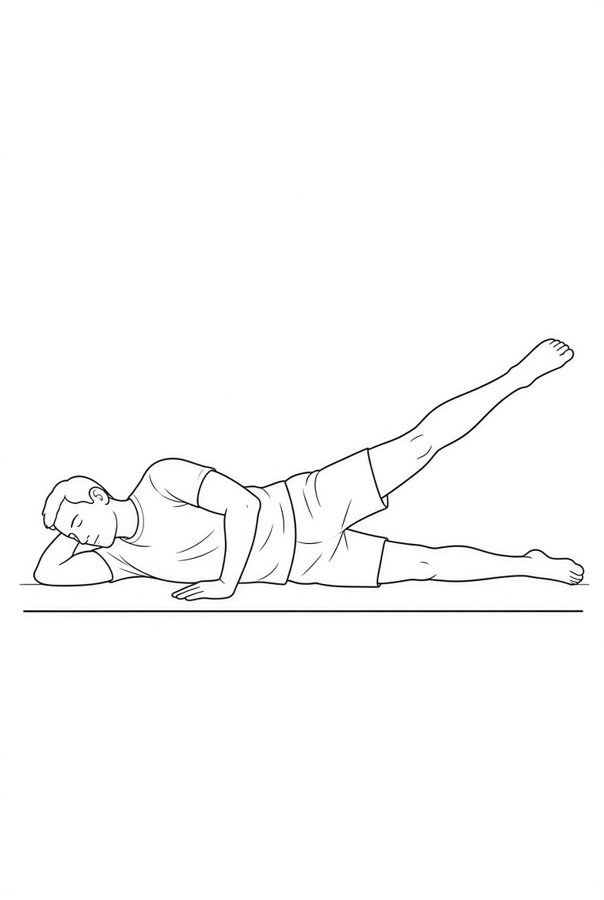 Posture plate: Supine Ankles Crossed. Instructional line-art side view in athletic clothing. Female figure shown alone.