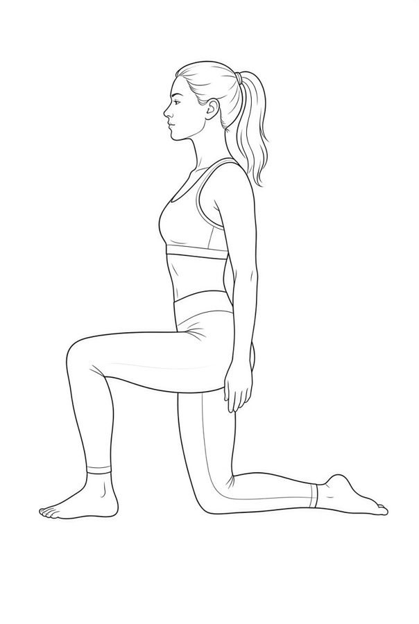 Posture plate: Kneeling Tall. Instructional line-art side view in athletic clothing. Female figure shown alone.
