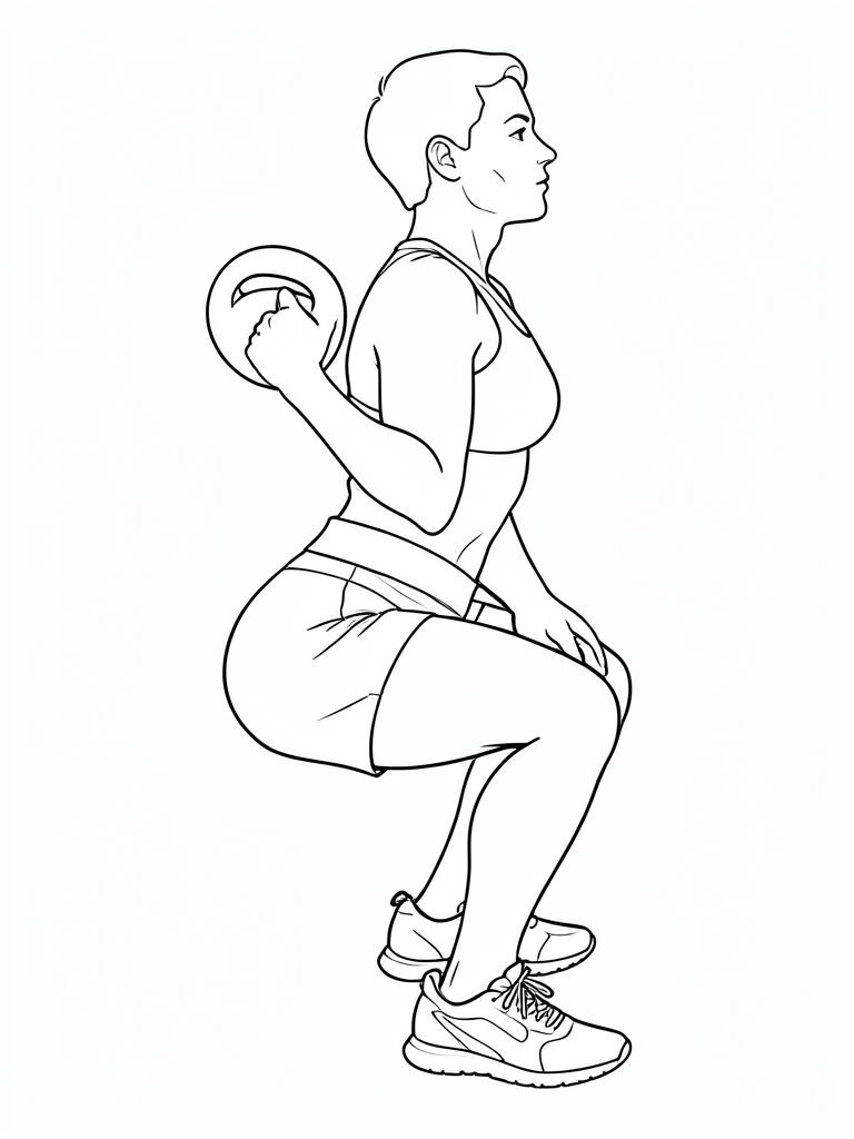 Exercise diagram: Goblet Squat. Single-figure line-art side view showing the working position and any equipment used.