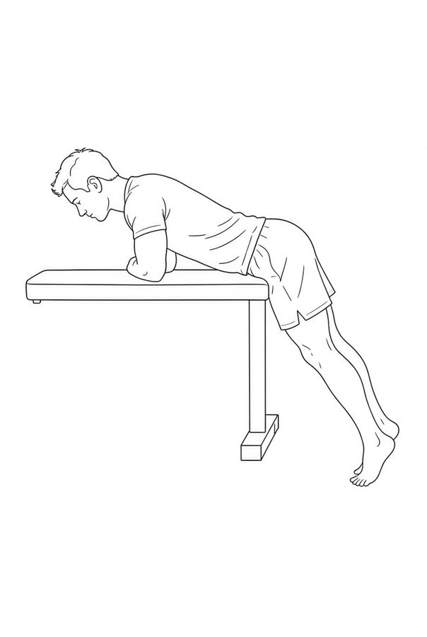 Posture plate: Prone Edge Hang. Instructional line-art side view in athletic clothing. Female figure shown alone.