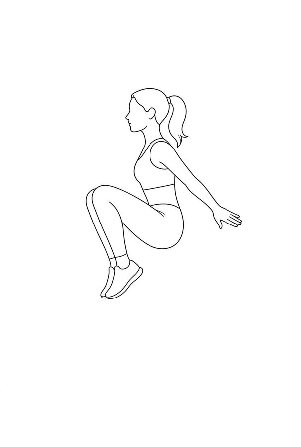 Posture plate: Astride Deep Squat. Instructional line-art side view in athletic clothing. Female figure shown alone.