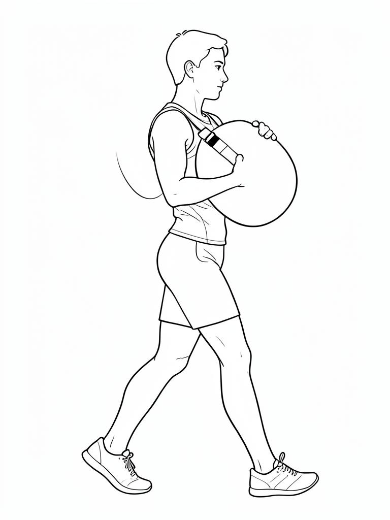 Exercise diagram: Sandbag Front Carry. Single-figure line-art side view showing the working position and any equipment used.