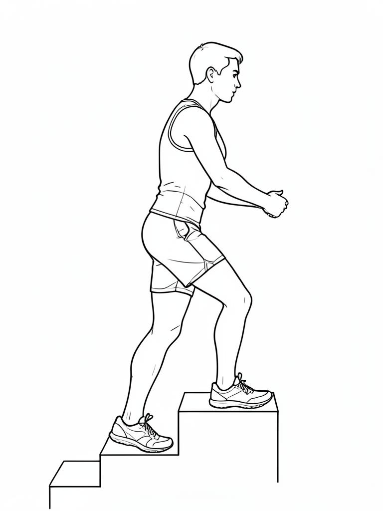 Exercise diagram: Stair Climb Repeats. Single-figure line-art side view showing the working position and any equipment used.