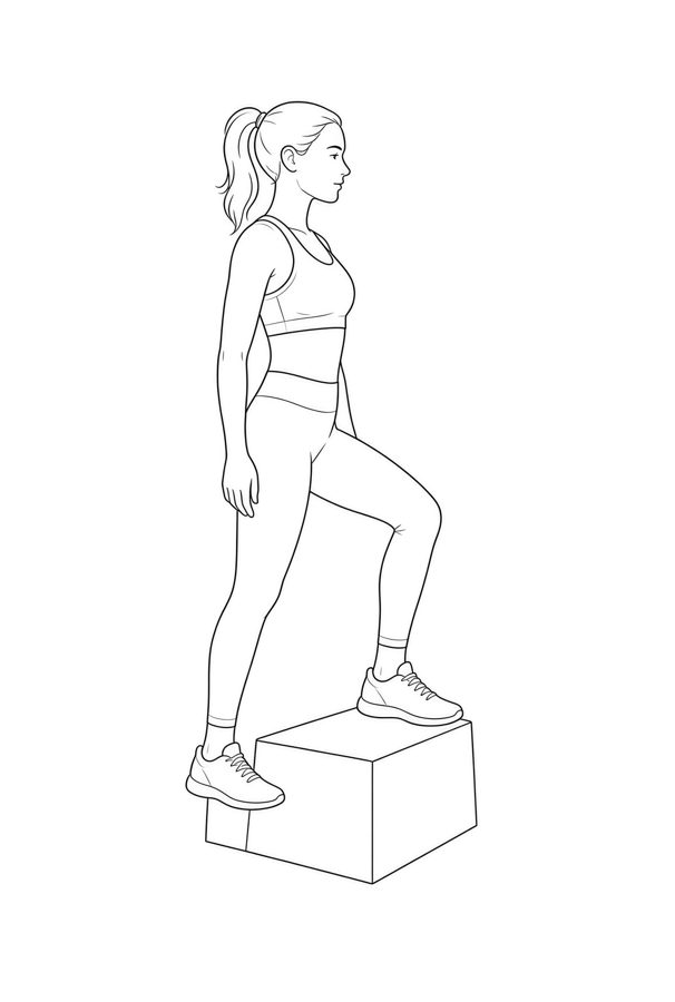 Posture plate: Standing Elevated Foot. Instructional line-art side view in athletic clothing. Female figure shown alone.