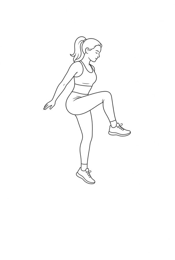 Posture plate: Astride Single Support. Instructional line-art side view in athletic clothing. Female figure shown alone.