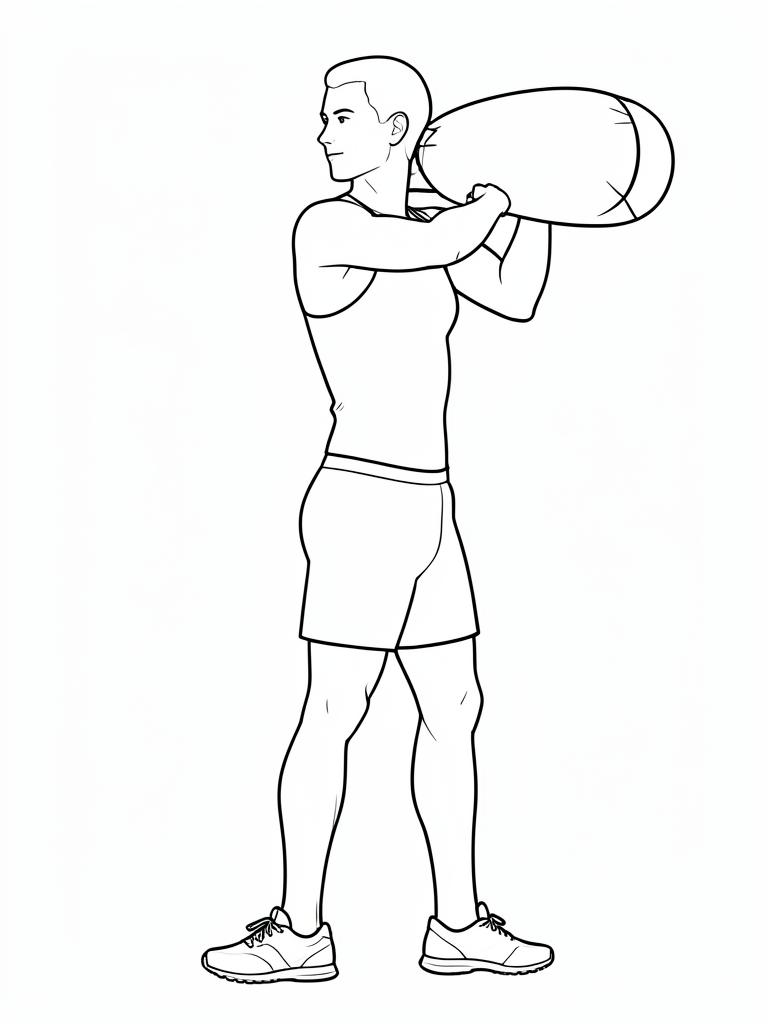 Exercise diagram: Sandbag Shoulder Lift. Single-figure line-art side view showing the working position and any equipment used.