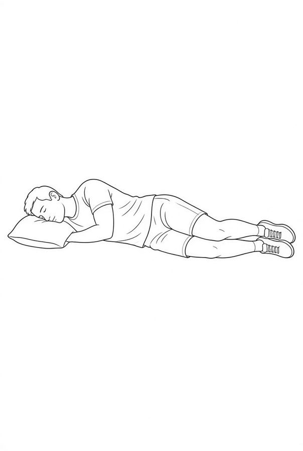 Posture plate: Side-Lying Head Supported. Instructional line-art side view in athletic clothing. Female figure shown alone.