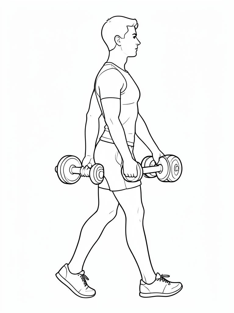 Exercise diagram: Farmer Carry. Single-figure line-art side view showing the working position and any equipment used.