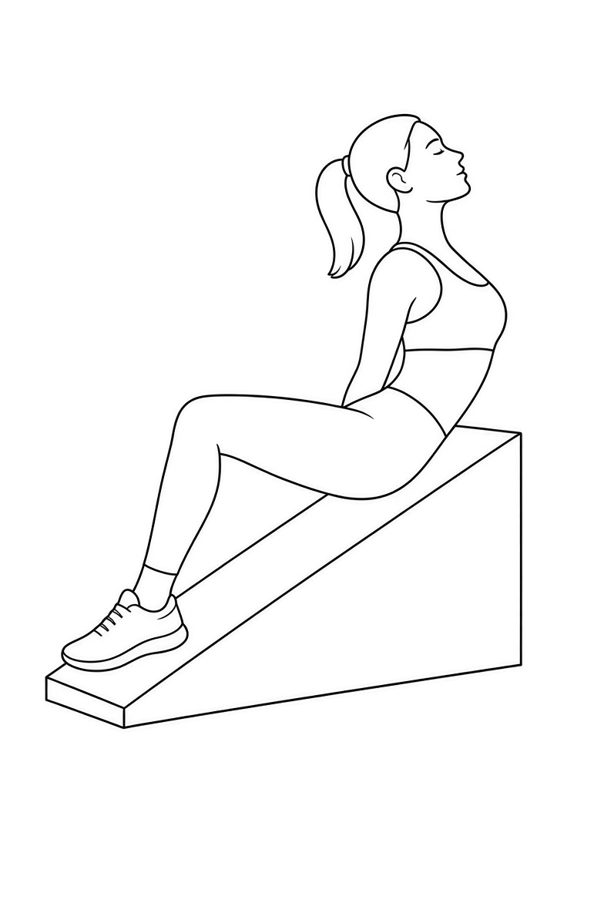 Posture plate: Elevated Wedge Support. Instructional line-art side view in athletic clothing. Female figure shown alone.
