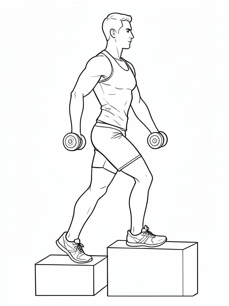 Exercise diagram: Weighted Step-Up. Single-figure line-art side view showing the working position and any equipment used.