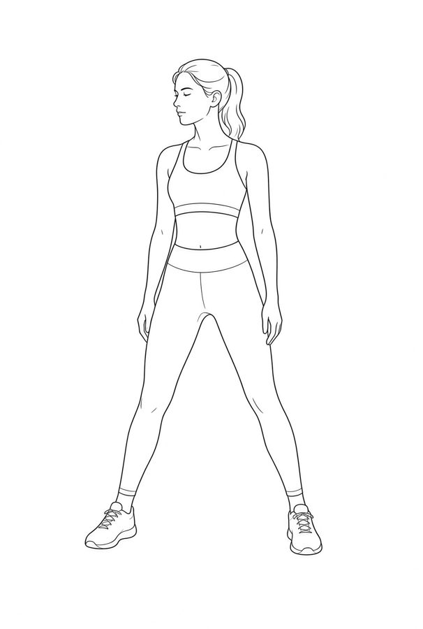 Posture plate: Standing Split Stance. Instructional line-art side view in athletic clothing. Female figure shown alone.