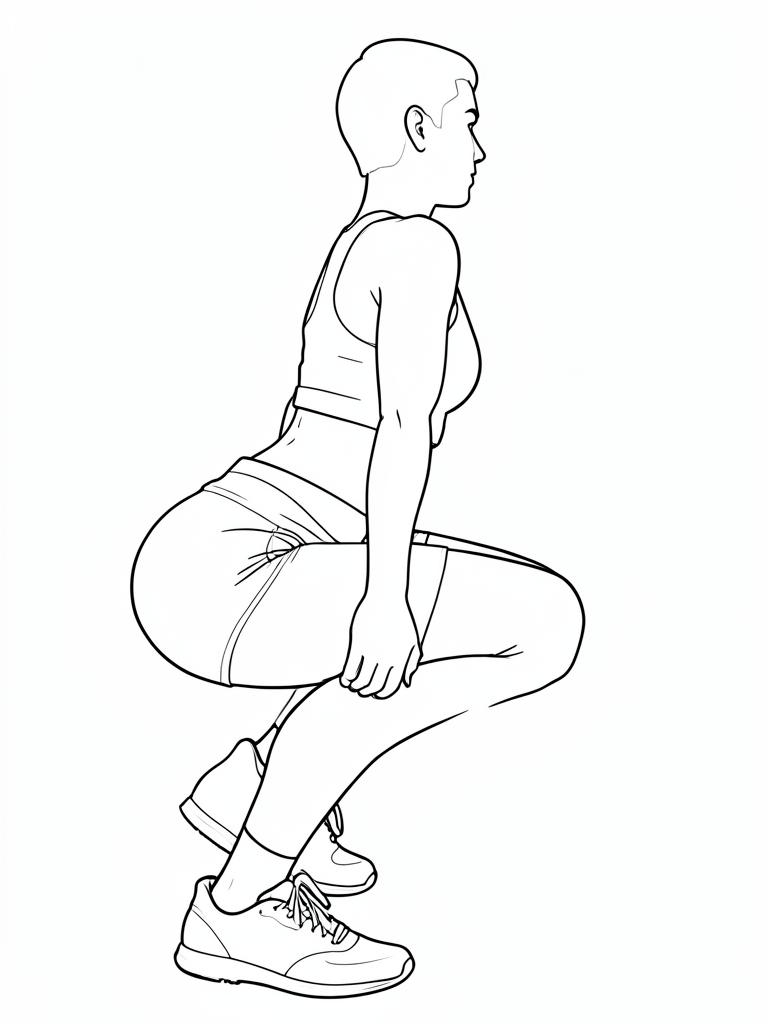 Exercise diagram: Deep Squat Hold. Single-figure line-art side view showing the working position and any equipment used.